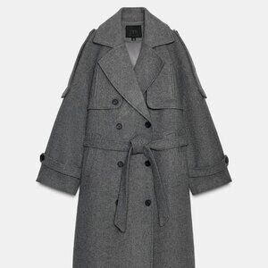 Zara Gray Double-Breasted Belted Coat with Loops, Gray, Size L
